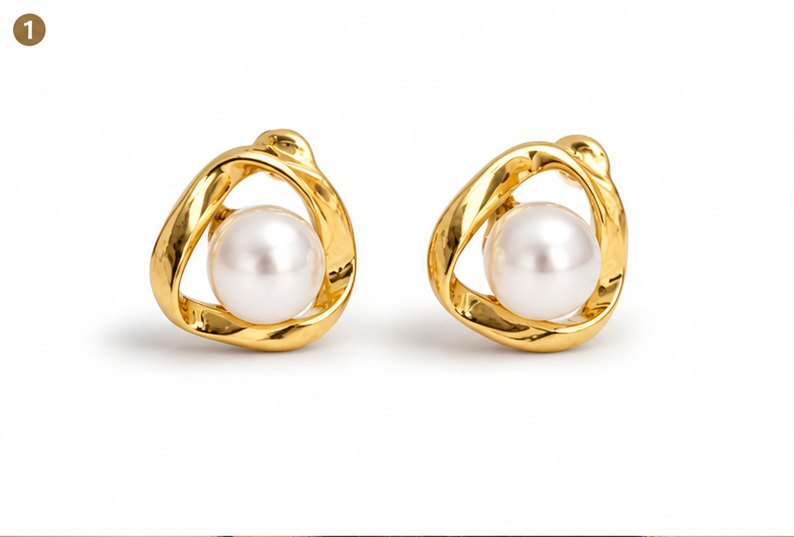 Gold Abstract Pearl Stud Earrings