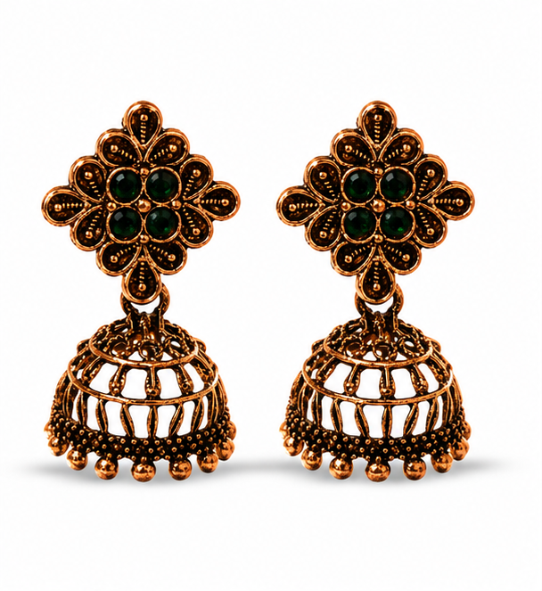 Copper Flower Stud Cage Jhumka – Green Stone
