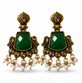 Antique Gold Emerald Green Stone Chandbali with Kundan & Pearl Drops