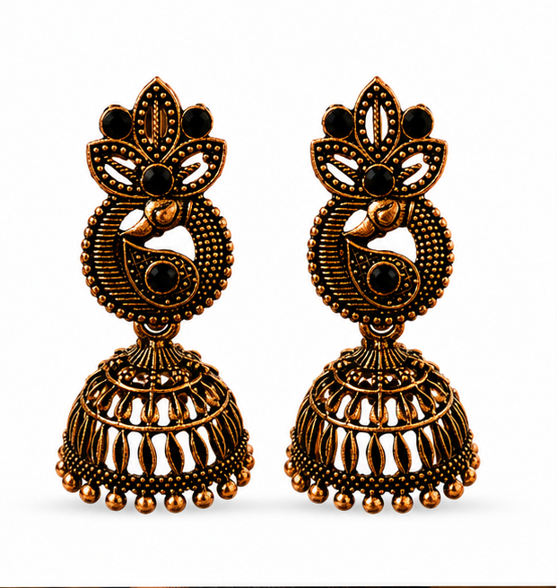 Copper Paisley Peacock Jhumka – Black Stone