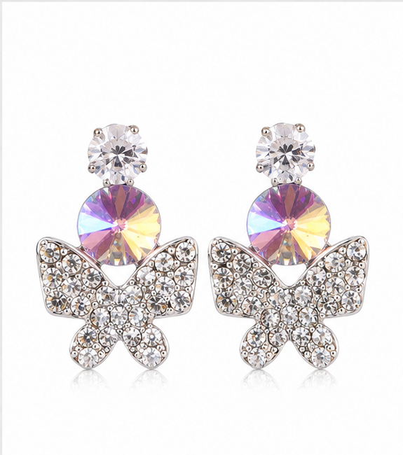 Silver Violet Butterfly Crystal Drop Earrings