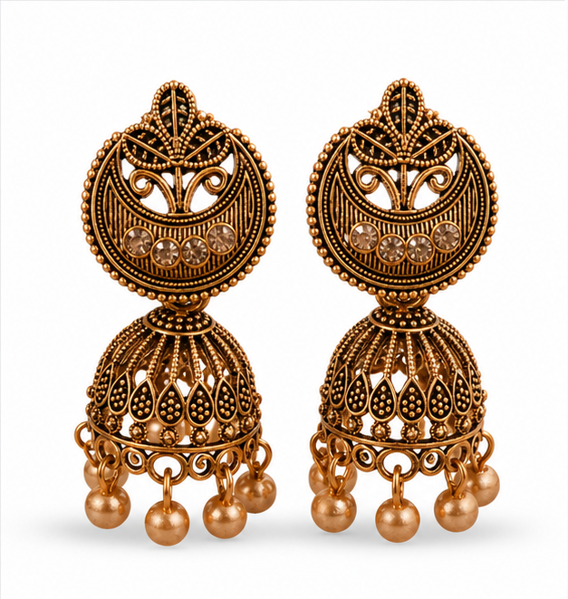 Antique Copper Crescent Arch Jhumka with Crystal Studs