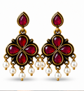 Antique Gold Deep Ruby Clover Drop Earrings with Pearl Fringe
