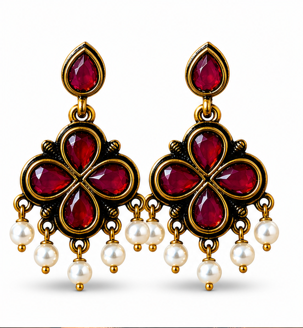 Antique Gold Deep Ruby Clover Drop Earrings with Pearl Fringe