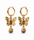 Gold Butterfly Charm Hoop Earrings with Crystal Ball Drop