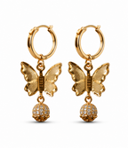 Gold Butterfly Charm Hoop Earrings with Crystal Ball Drop