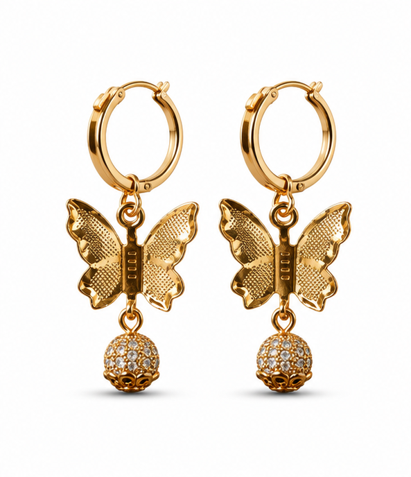 Gold Butterfly Charm Hoop Earrings with Crystal Ball Drop