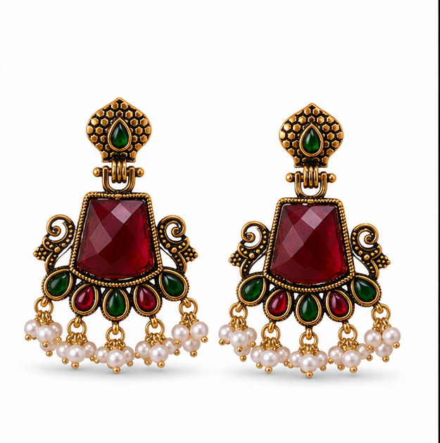 Antique Gold Ruby Red Stone Chandbali with Pearl Drops