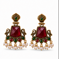 Antique Gold Ruby Red Stone Chandbali with Pearl Drops
