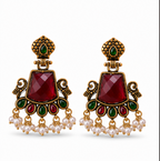 Antique Gold Ruby Red Stone Chandbali with Pearl Drops