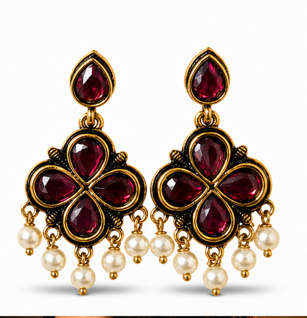 Antique Gold Ruby Clover Drop Earrings with Pearl Fringe