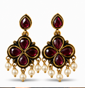 Antique Gold Ruby Clover Drop Earrings with Pearl Fringe