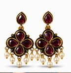 Antique Gold Ruby Clover Drop Earrings with Pearl Fringe