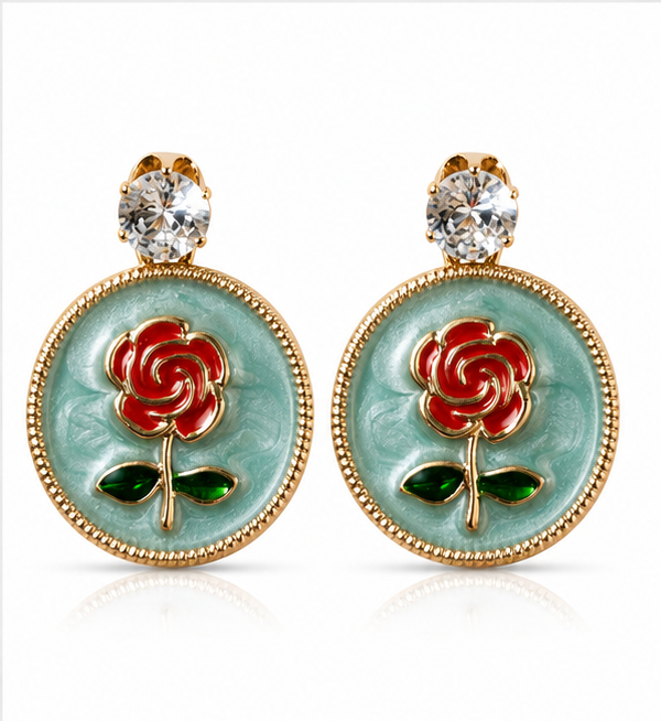 Gold Rose Medallion Drop Earrings – Mint Green