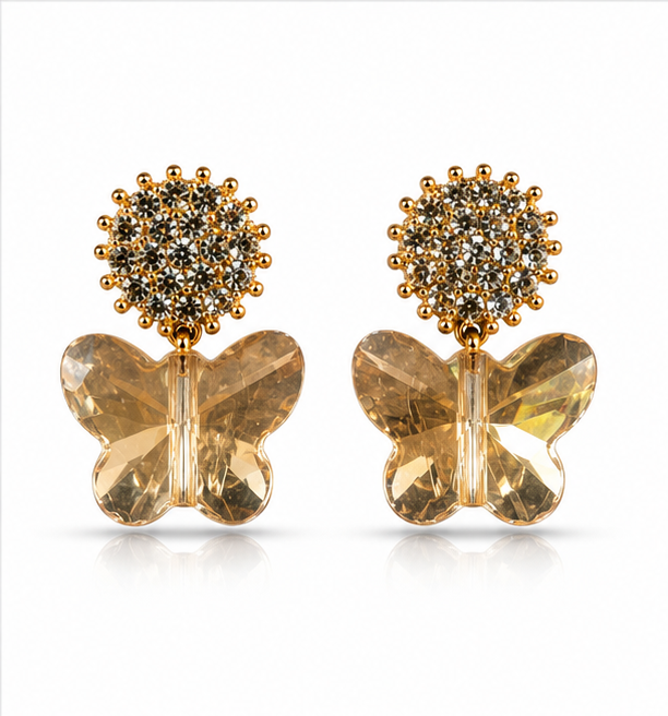Gold Champagne Butterfly Crystal Earrings