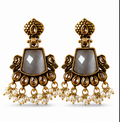 Antique Gold Grey Stone Chandbali with Kundan & Pearl Drops