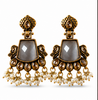 Antique Gold Grey Stone Chandbali with Kundan & Pearl Drops