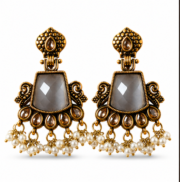 Antique Gold Grey Stone Chandbali with Kundan & Pearl Drops