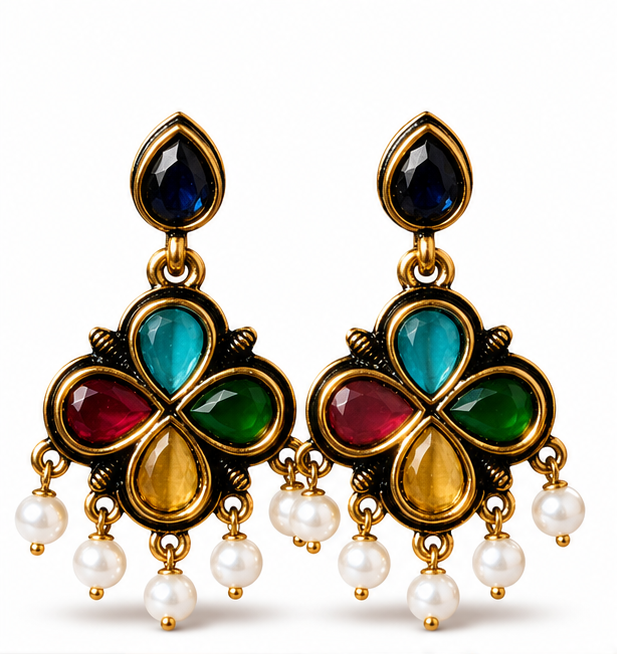 Antique Gold Multicolour Clover Drop Earrings with Pearl Fringe