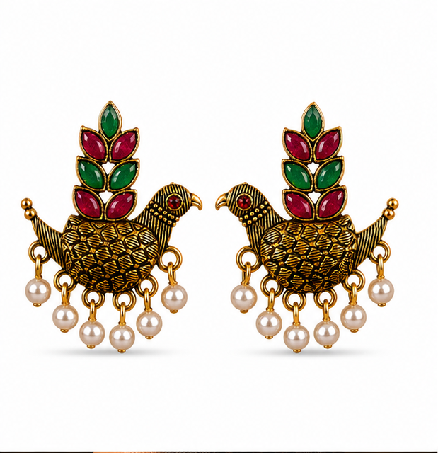 Antique Gold Love Bird Earrings with Pearl Drops