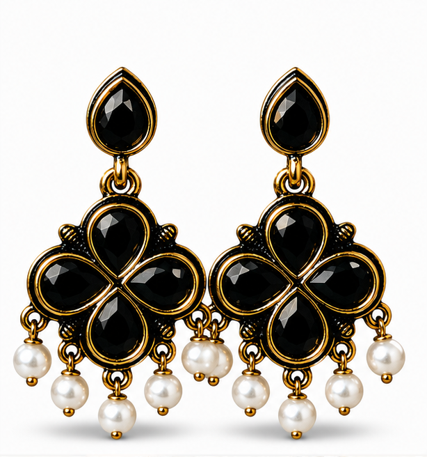 Antique Gold Black Stone Clover Drop Earrings with Pearl Fringe