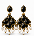 Antique Gold Black Stone Clover Drop Earrings with Pearl Fringe