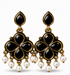 Antique Gold Black Stone Clover Drop Earrings with Pearl Fringe