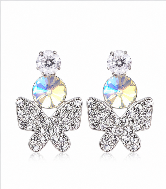 Silver Clear Butterfly Crystal Drop Earrings