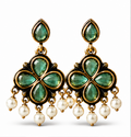 Antique Gold Mint Green Clover Drop Earrings with Pearl Fringe