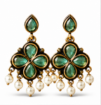 Antique Gold Mint Green Clover Drop Earrings with Pearl Fringe