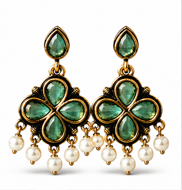 Antique Gold Mint Green Clover Drop Earrings with Pearl Fringe