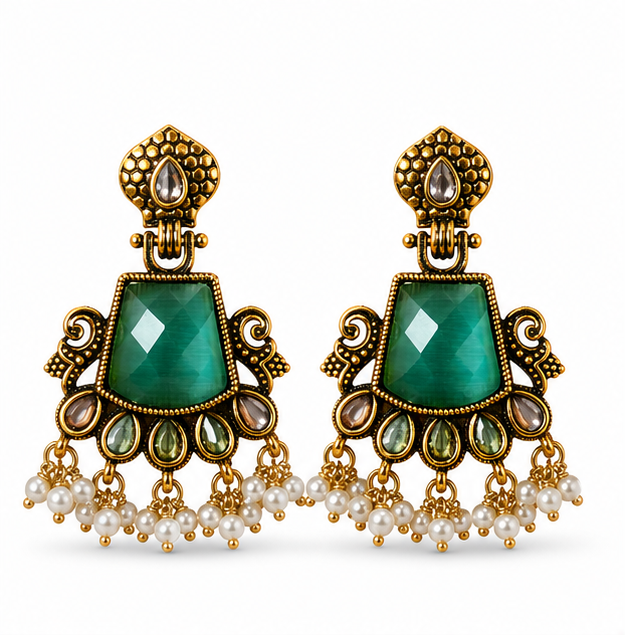 Antique Gold Mint Green Stone Chandbali with Pearl Drops