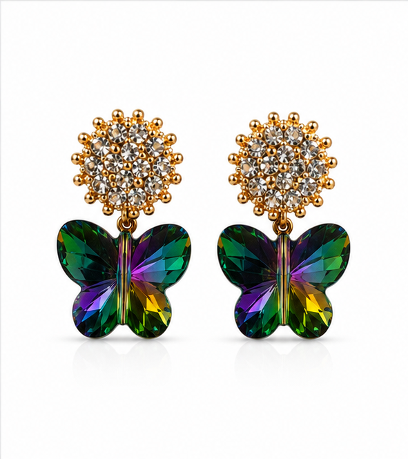 Gold Emerald Butterfly Crystal Earrings