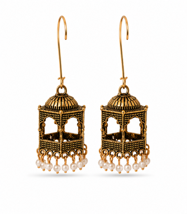 Antique Gold Haveli Pavilion Hook Drop Earrings