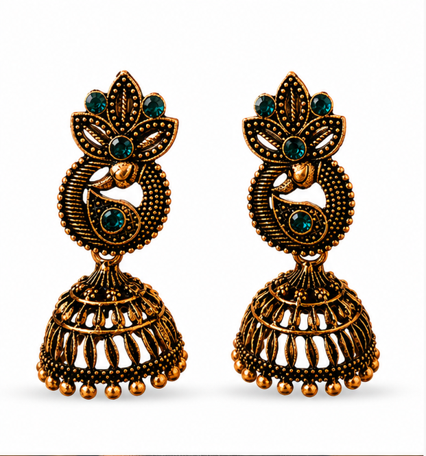Antique Gold Paisley Peacock Jhumka – Green Stone