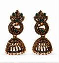 Antique Gold Paisley Peacock Jhumka – Green Stone