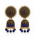 Blue Stone Antique Gold Jhumka Earrings with Sun Stud