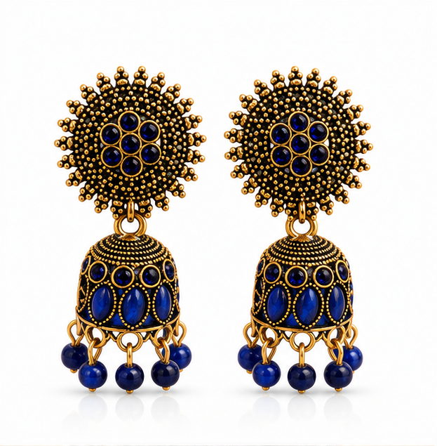 Blue Stone Antique Gold Jhumka Earrings with Sun Stud