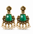 Antique Gold Emerald Green Stone Chandbali with Kundan & Pearls