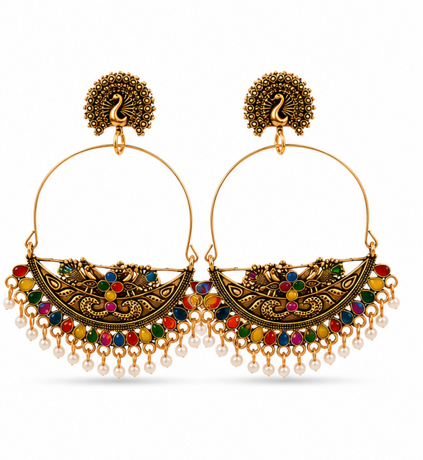Antique Gold Peacock Chandbali Hoop with Multicolour Stones & Pearls