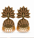 Antique Gold Champagne Crystal Peacock Fan Jhumka with Pearls