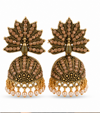 Antique Gold Champagne Crystal Peacock Fan Jhumka with Pearls