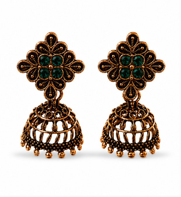 Antique Gold Flower Stud Cage Jhumka – Green Stone