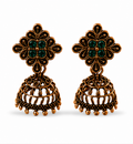 Antique Gold Flower Stud Cage Jhumka – Green Stone