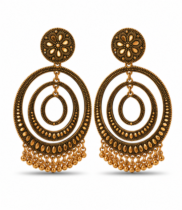 Antique Gold Triple-Orbit Chandbali with Bead Drops