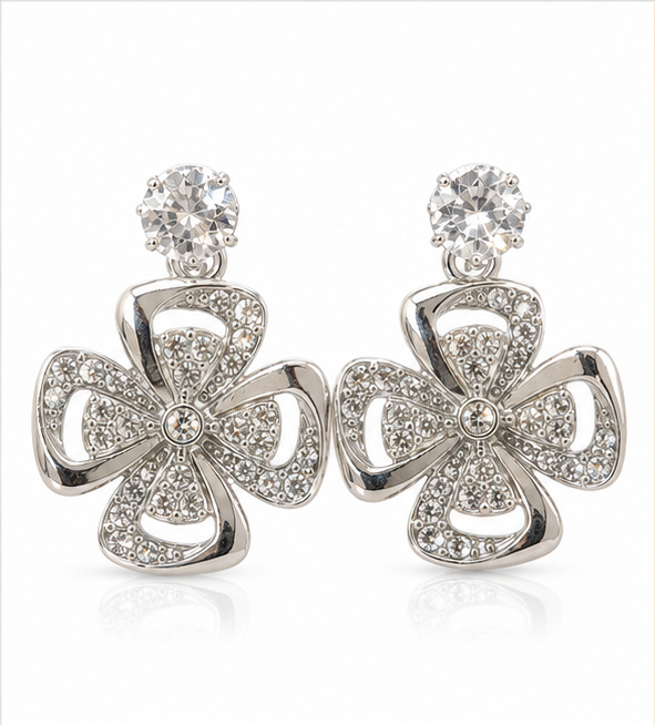 Silver Crystal Floral Drop Earrings