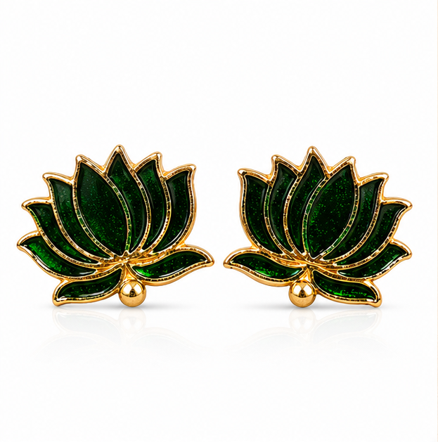 Green Glitter Enamel Lotus Stud Earrings