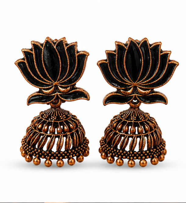 Black Enamel Lotus Jhumka Earrings — Copper Tone
