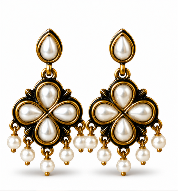 Antique Gold All-Pearl Clover Drop Earrings