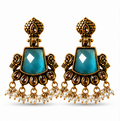 Antique Gold Teal Stone Chandbali with Kundan & Pearl Drops